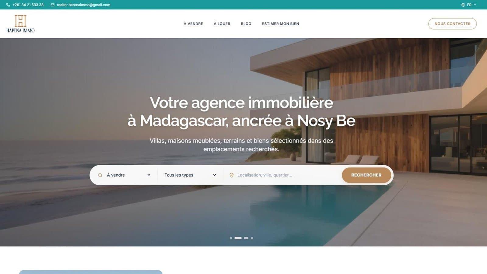 Page d'accueil du site Harena Immo, agence immobilière à Nosy Be, Madagascar