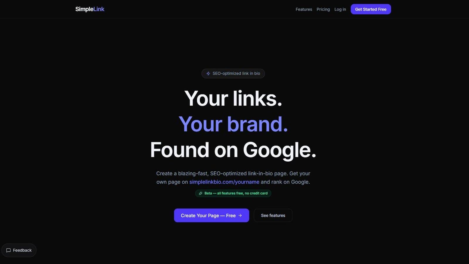 Page d'accueil de SimpleLink, application SaaS de link in bio optimisée pour le référencement